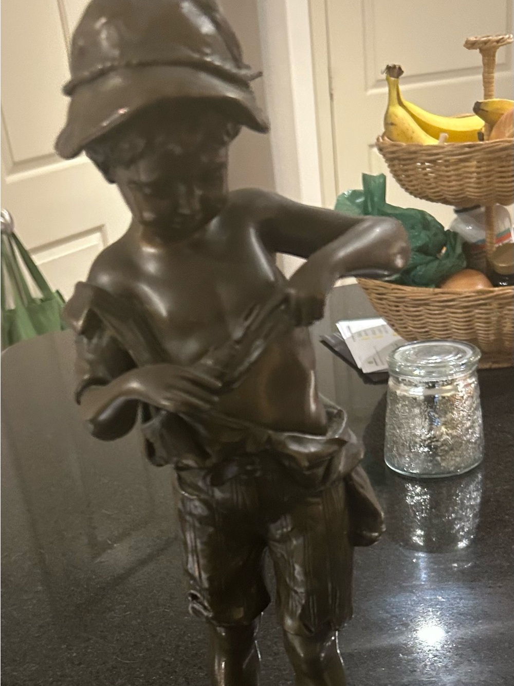 Karl Satzinger Munich Bronze Sculpture 17.72” Young Boy with Lobster